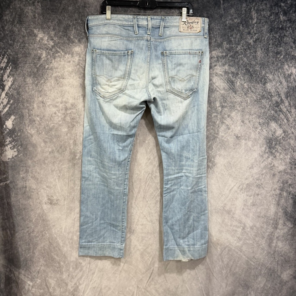 Replay Sakala Mens’s Light Blue Jeans Straight Cotton ‘hemmed’ Size 34x30